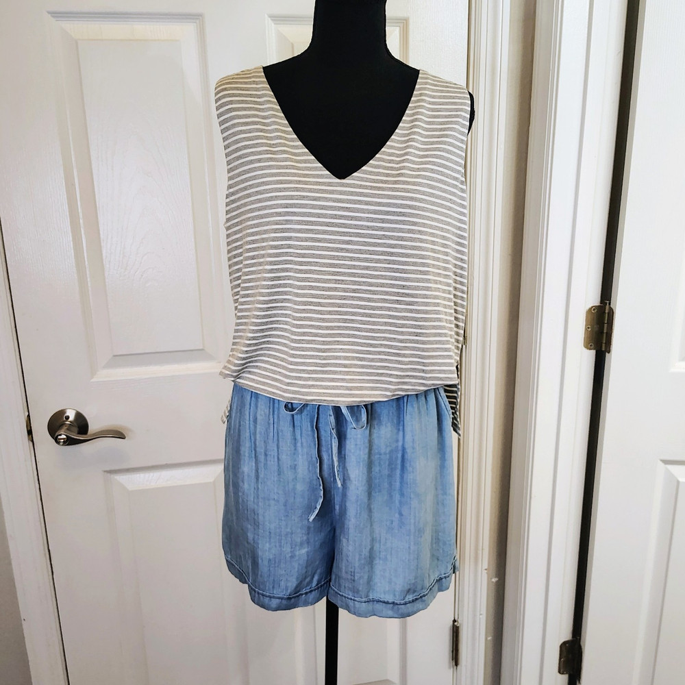 NEW Skies Are Blue Stripe Gray Blue Shorts Jumper Romper Tennis Prep Casual Med