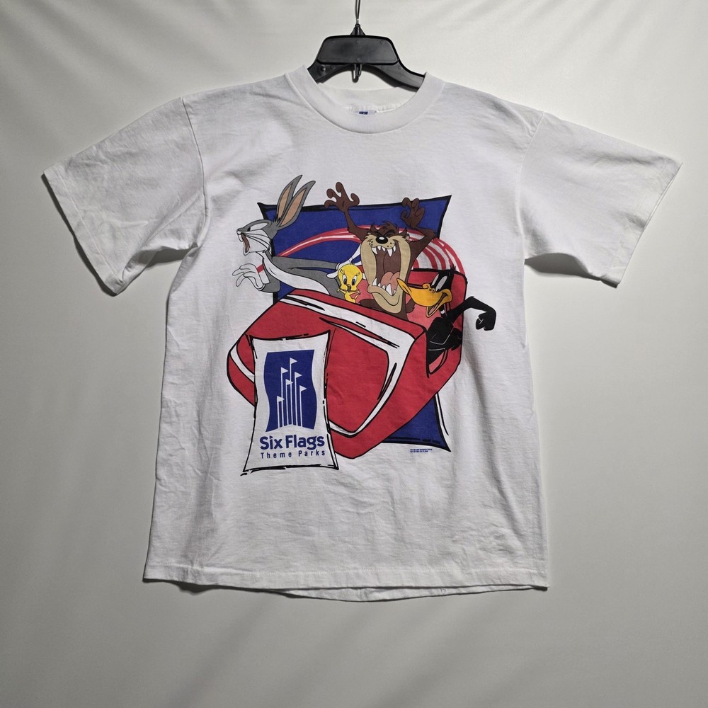 VTG 1995 Six Flags Looney Tunes T shirt Front Print Warner Bros *SEE DESCRIPTION