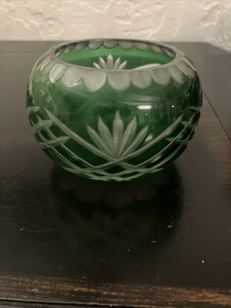 Green Round Cut Clear Crystal Candle Holder Style of Baccarat 2.5” T & 3.75” W