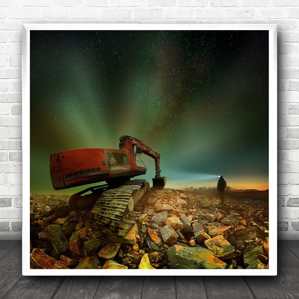 Night Machines Sky Slovakia Industry Vehicle Construction Square Wall Art Print