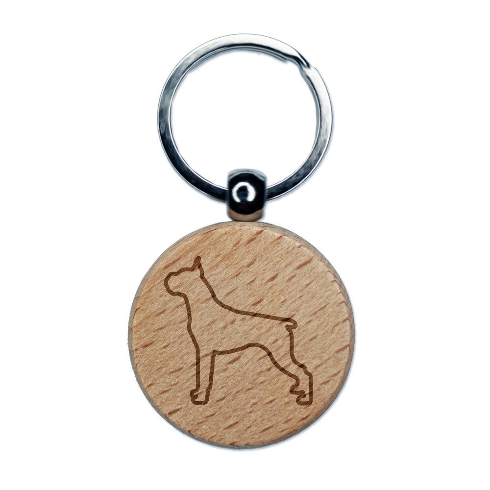 Boxer Dog Outline Engraved Wood Round Keychain Tag Charm