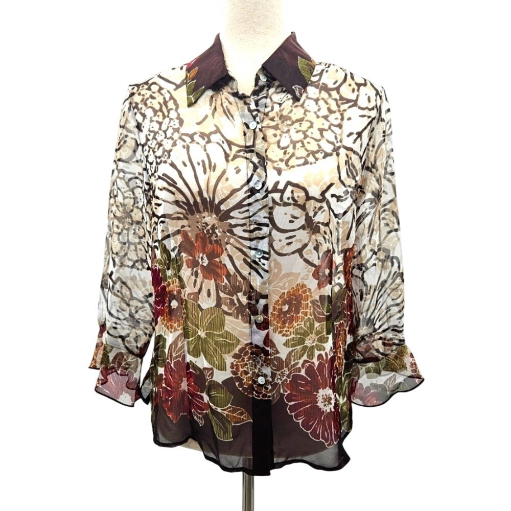 NICOLA Women's Sheer Floral Print Button Up Blouse Top Size S