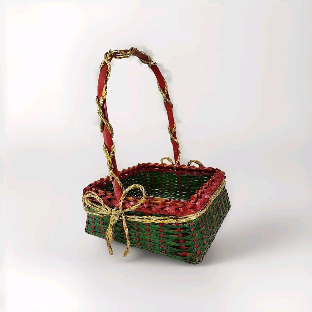 Christmas Holiday Wicker Basket Green Red Gold Accent Bows Handle Table Top-image