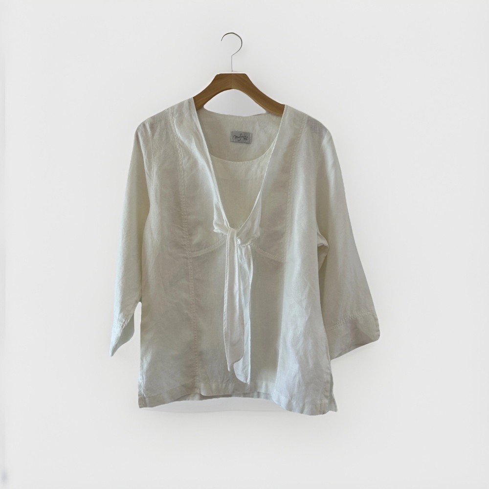Mosaic USA White Linen Tie Front Blouse 3/4 Sleeve Lagenlook Top Medium