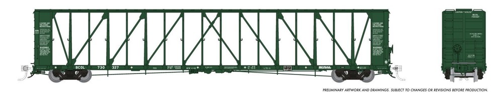 Rapido HO Scale NSC Centerbeam Flatcar –British Columbia  Rail - Green – RTR