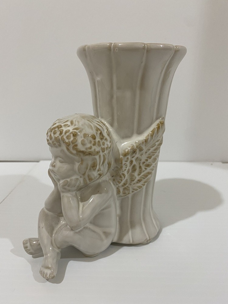 Cherub Bud Vase Ceramic Vase Cherub Angel  White Tan Ivory 6”