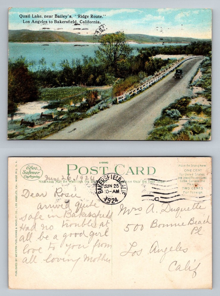Los Angeles, CA-California Ridge Route LA To Bakersfield Vintage c1924 Potscard