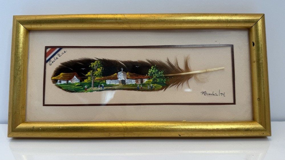 Hand Painted Feather Art Costa Rica Framed M. Brantes 1994