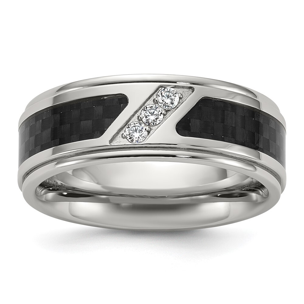 Titanium Polished Black Carbon Fiber Inlay Cubic Zirconia 8mm Band Ring Size 10