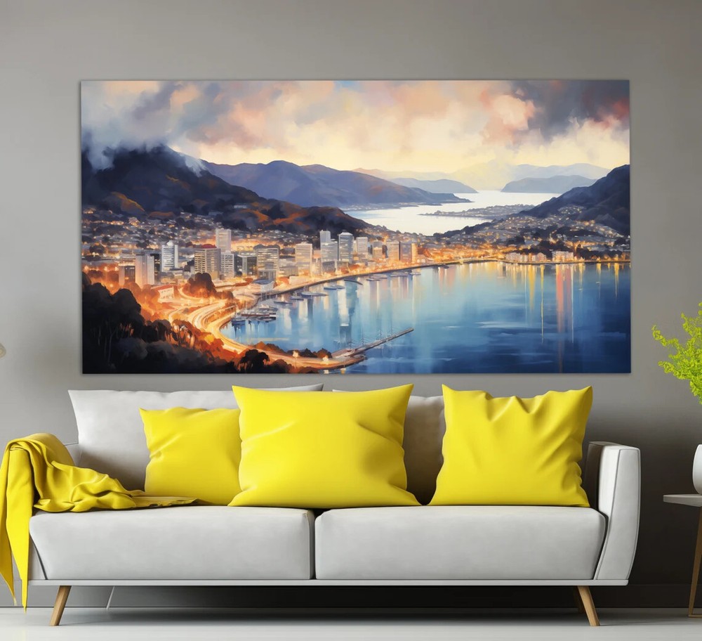 Wellington City, Sea Paint New Zealand Wall Art Canvas Unframed Print Art