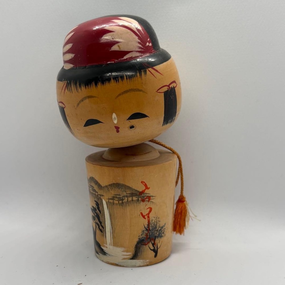 Kokeshi Doll Handmade Wooden Red Decor Scenic Design Traditional Art New