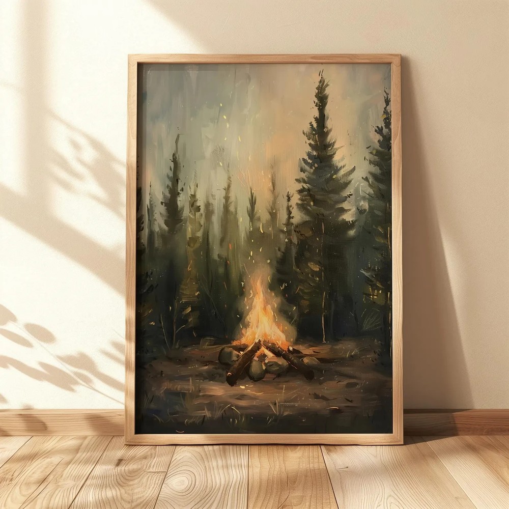 Rustic Campfire Forest Wall Art Moody Pine Tree Cabin Decor Print