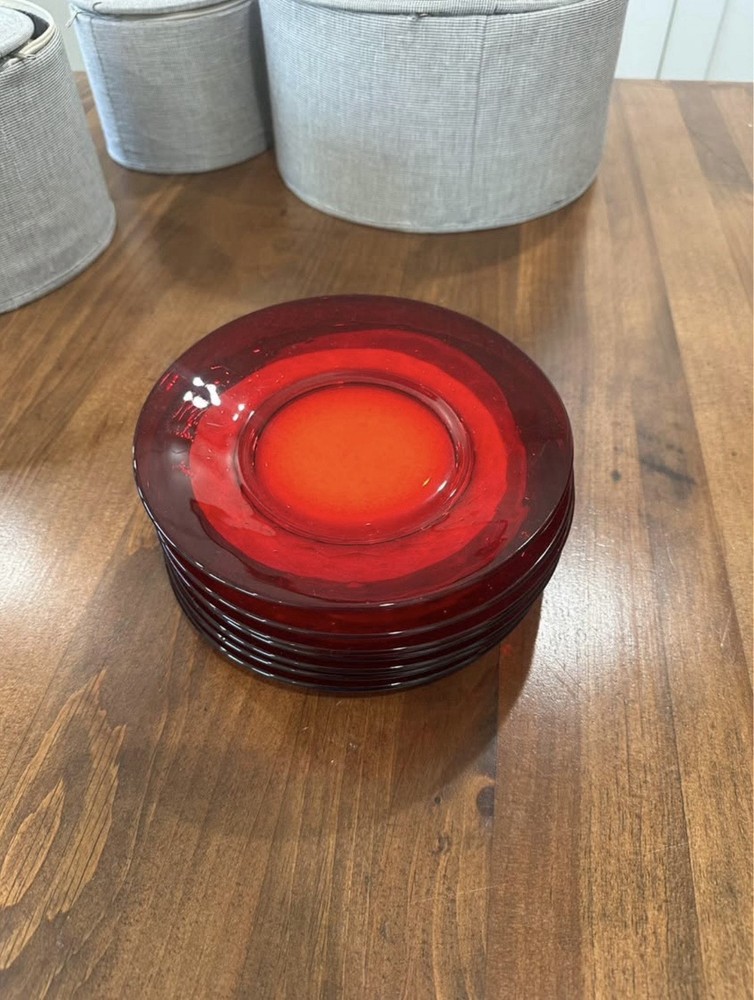 Set Of  7 Anchor Hocking Red Glass Salad Plates
