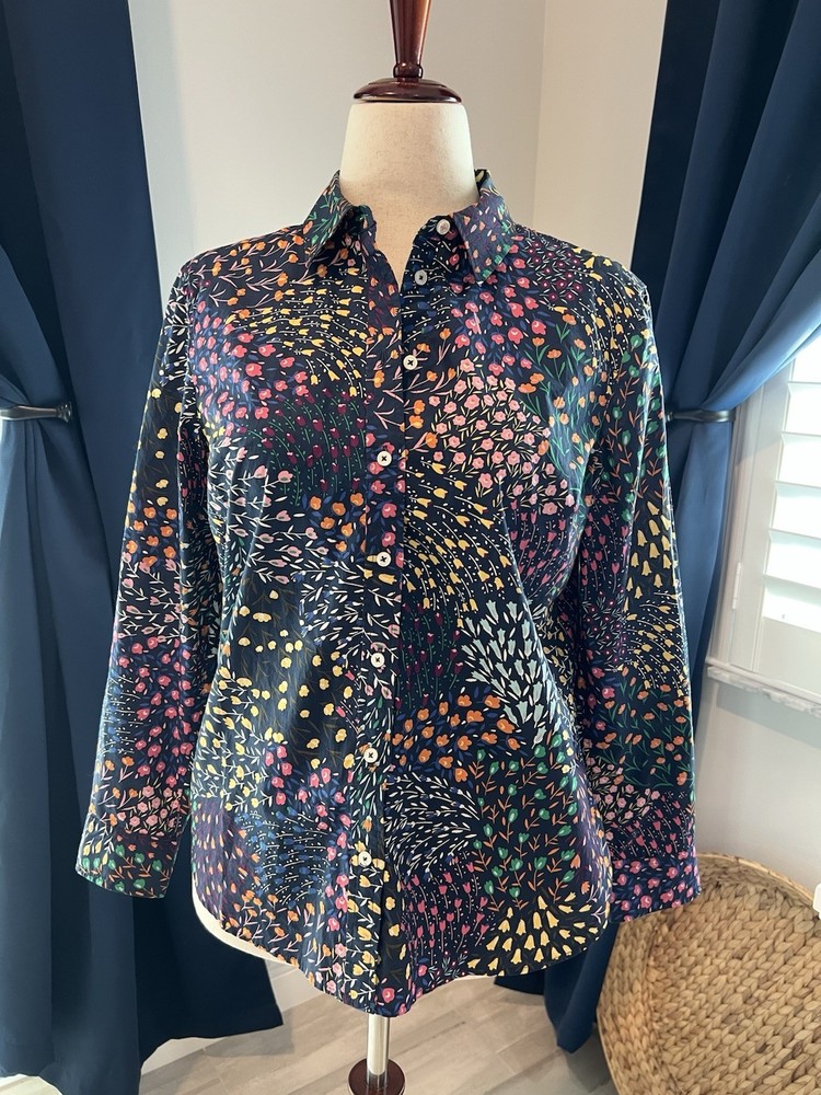 TALBOTS Womens Button Up Top Sz P L Pink Blue Floral Yellow  Long Sleeve Casual