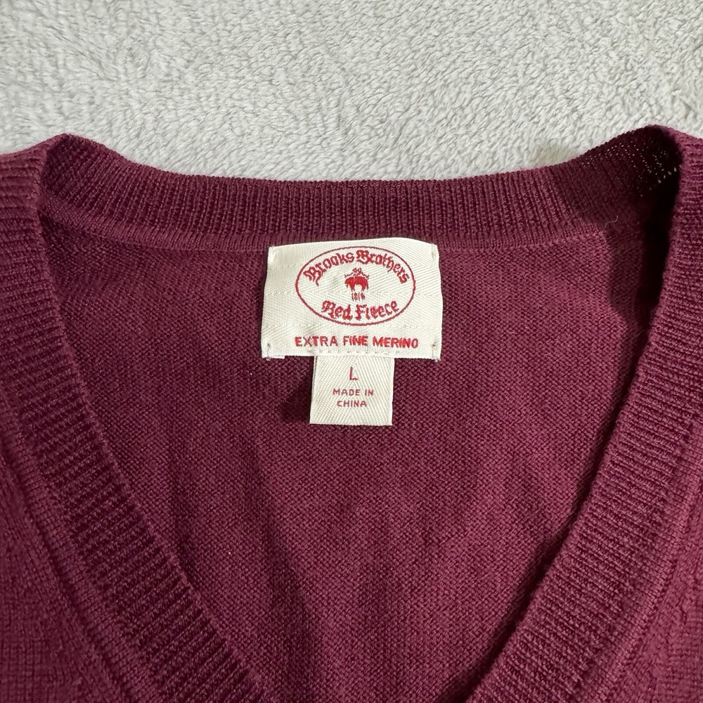 Brooks Brothers Sweater Men XL Red Red Fleece V-Neck L/S Merino Wool Pullover