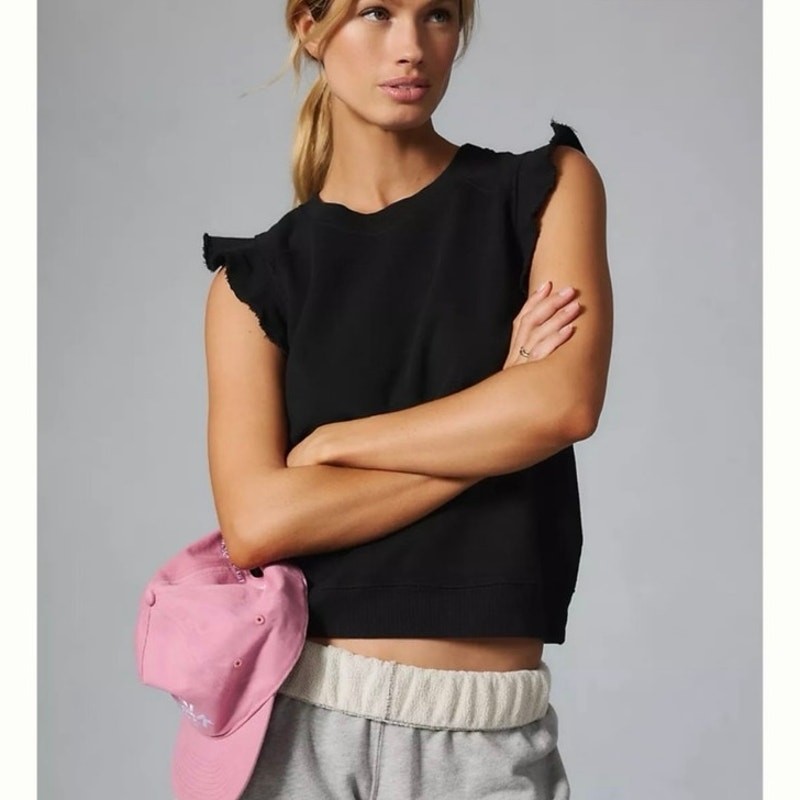 T.la Anthropologie Black Ruffle Sleeve Sweatshirt Top Women’s Size Large EUC