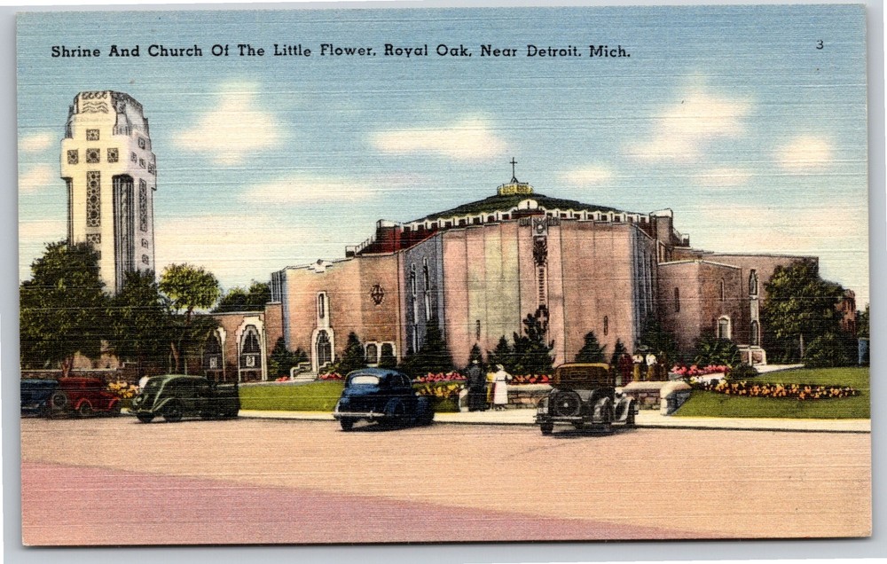 Royal Oak Michigan~Shrine & Church Of The Little Flower~Vintage Linen Postcard