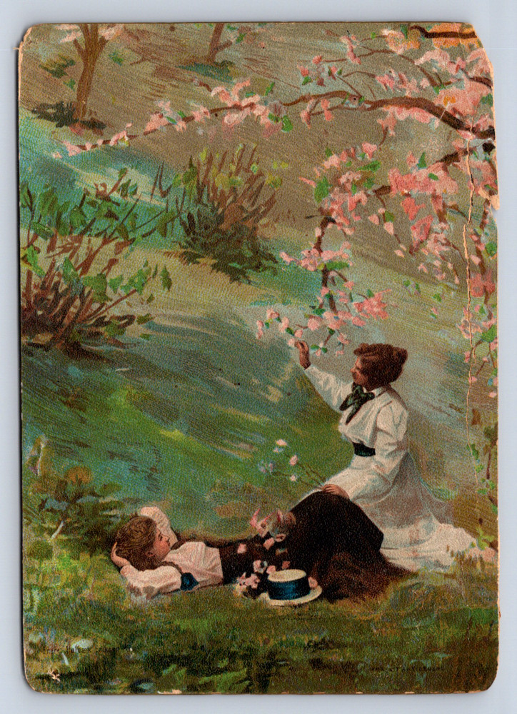 Vintage Postcard Spring Picnic Scene Artistic Illustration