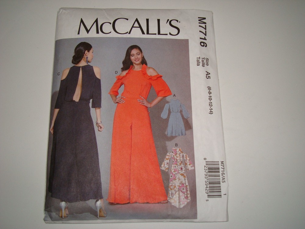 McCall's Pattern M7716 Sz 6-14 Misses Cold Shoulder Jumpsuit or Dress Uncut NEW