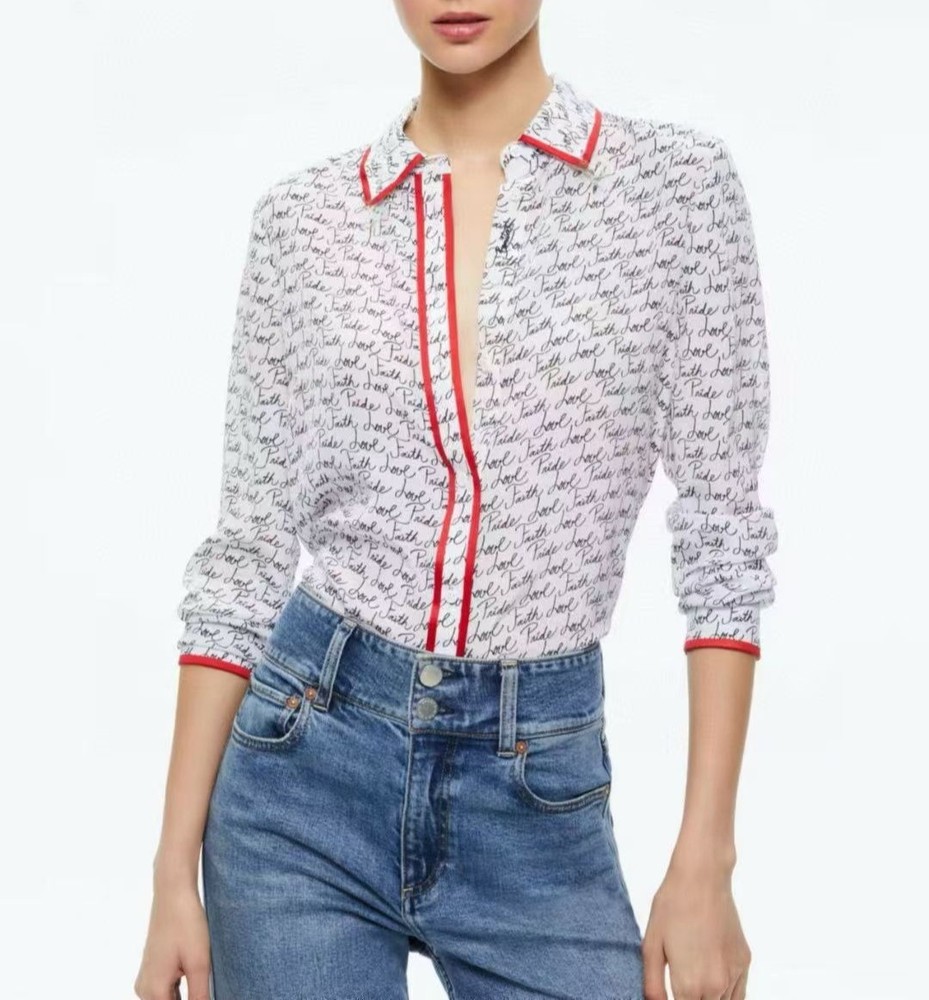 Women Alice + Olivia Collared Floral Long Sleeve Shirt Top