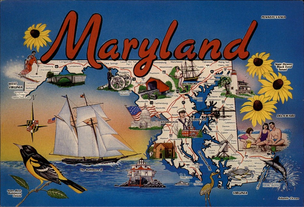 Maryland Ellicott City Pictorial Map covered bridge bird  unused postcard sku855