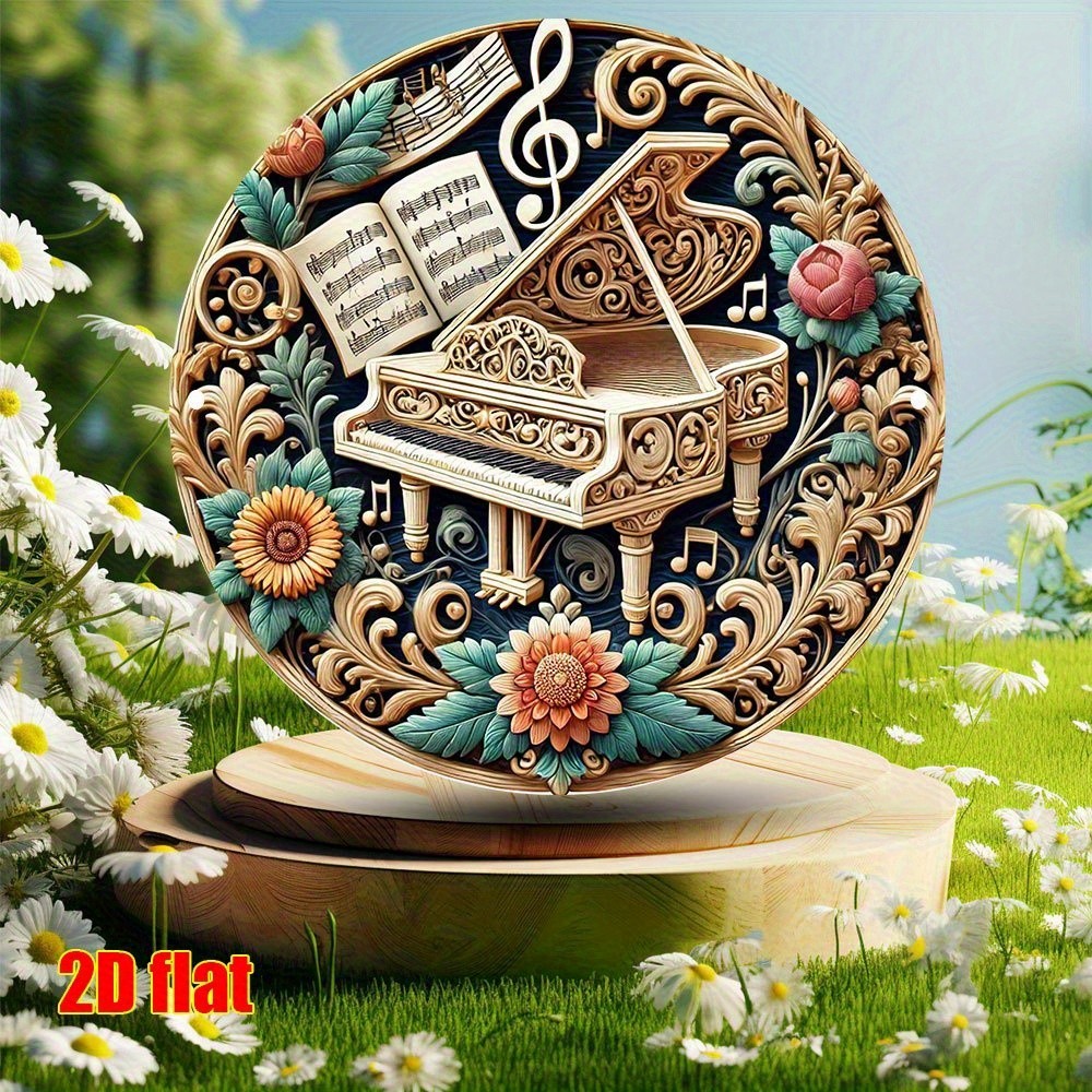 Vintage Floral Piano Round Aluminum Art 7.8Inch Music Lover Gift