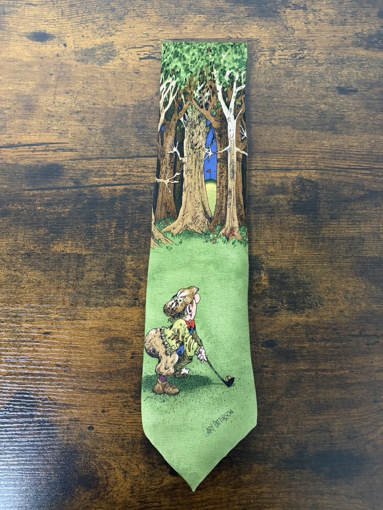 Ralph Marlin Novelty Necktie Mens 58” Golfing Cartoon USA Vintage 100% Silk