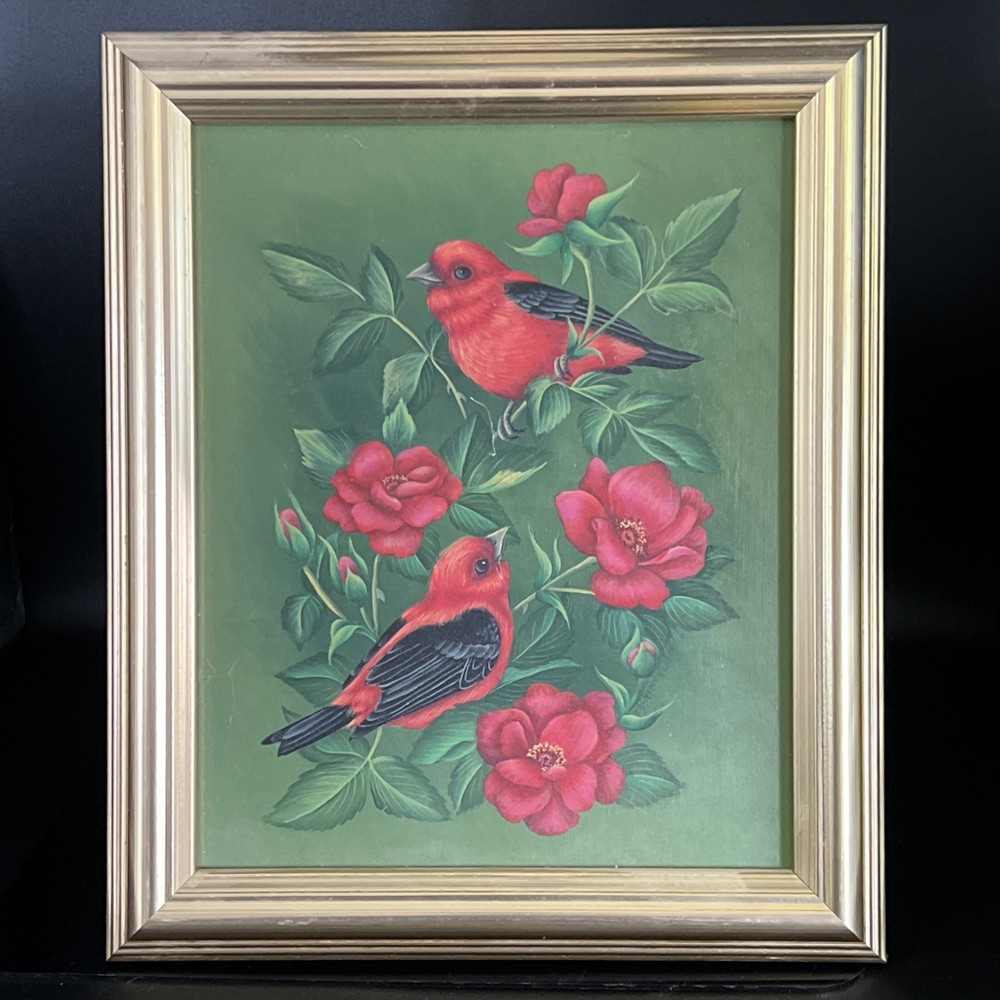 VTG Original Acrylic Art Painting Red Birds & Flowers signed Karen Hubbard