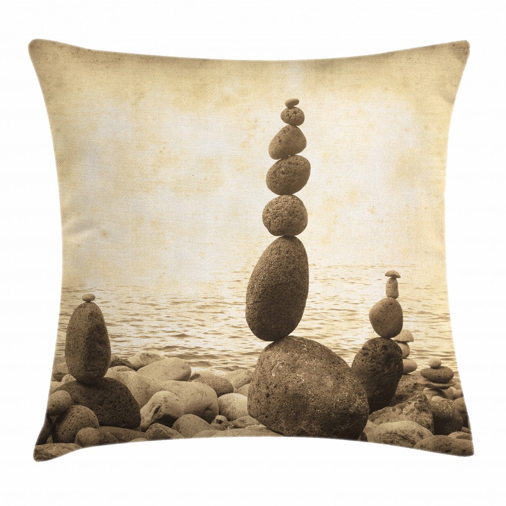 Zen Rocks Calm Sepia Art Square Beach Throw Pillow Case 20 Inches