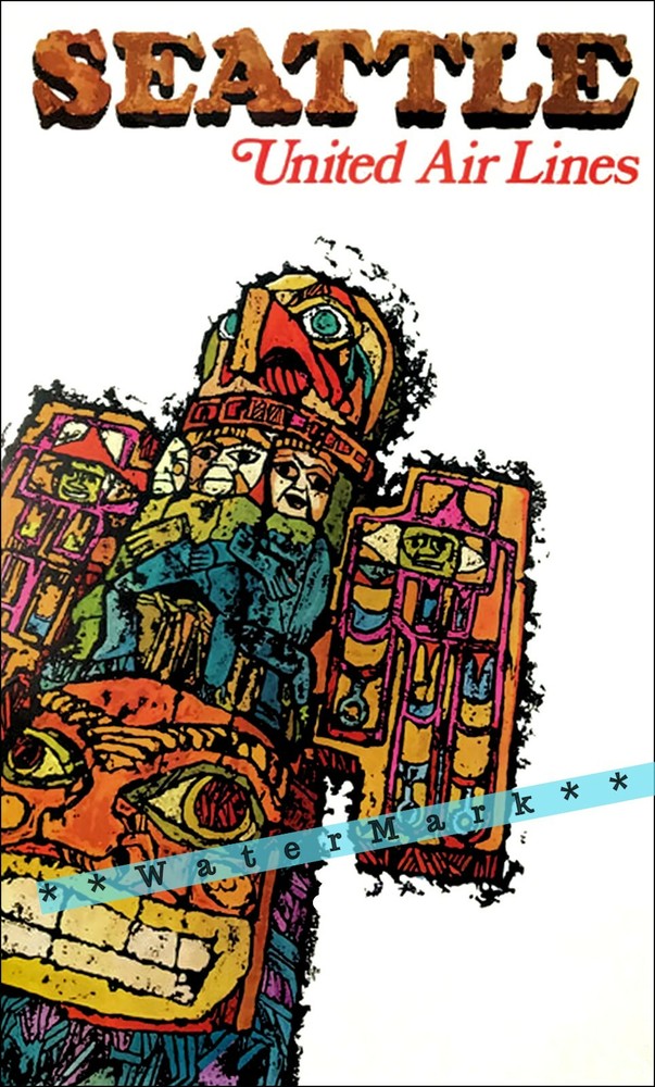 Seattle Washington 1960 Airline Travel Vintage Poster Print Art Retro Advert