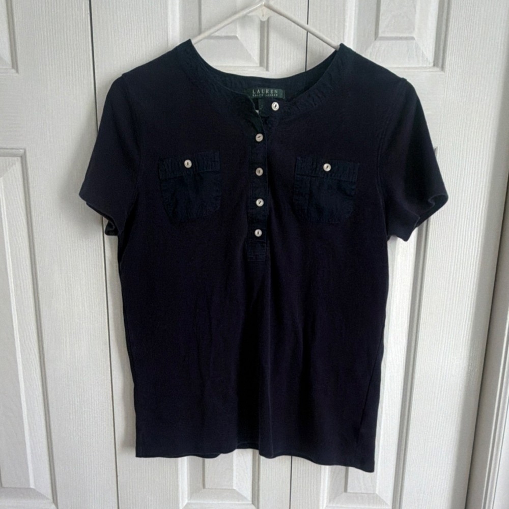 Lauren Ralph Lauren Henley Cotton Knit Short Sleeve T-Shirt Navy Blue L