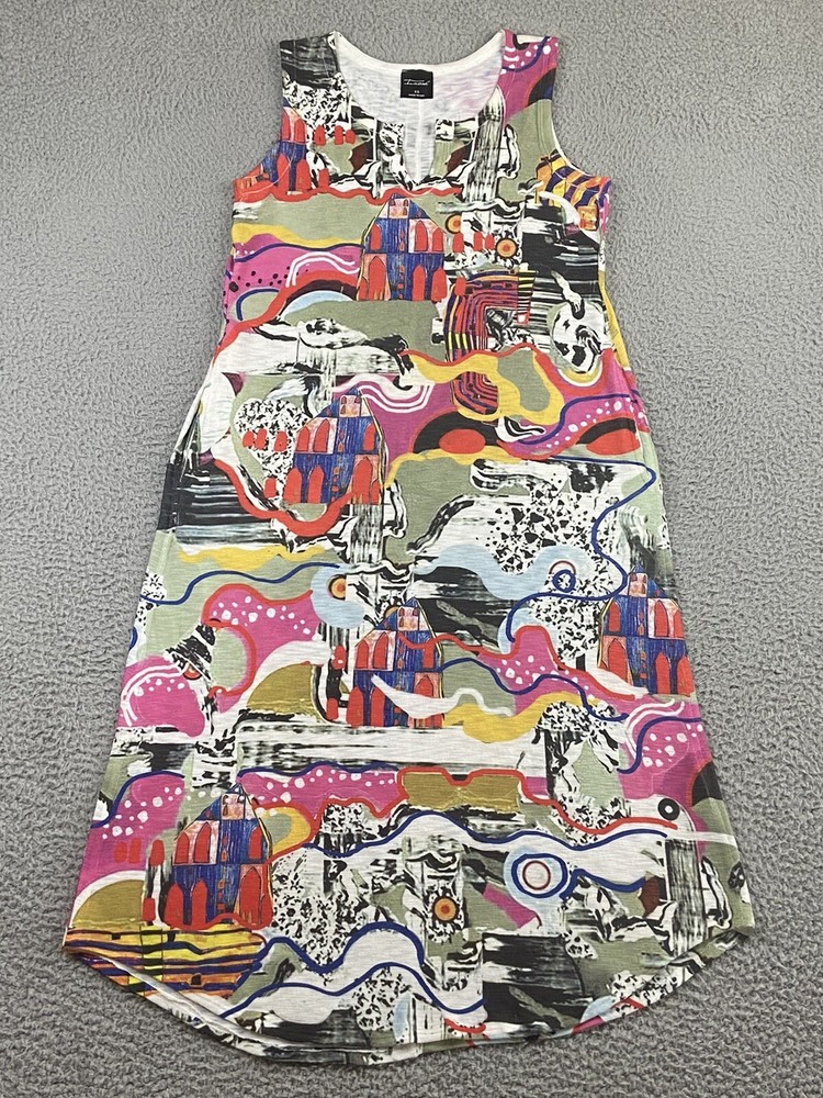 Inoah Dress Maxi Soft Slub Knit Abstract Graphic Pockets Wearable Art XS EXC-image