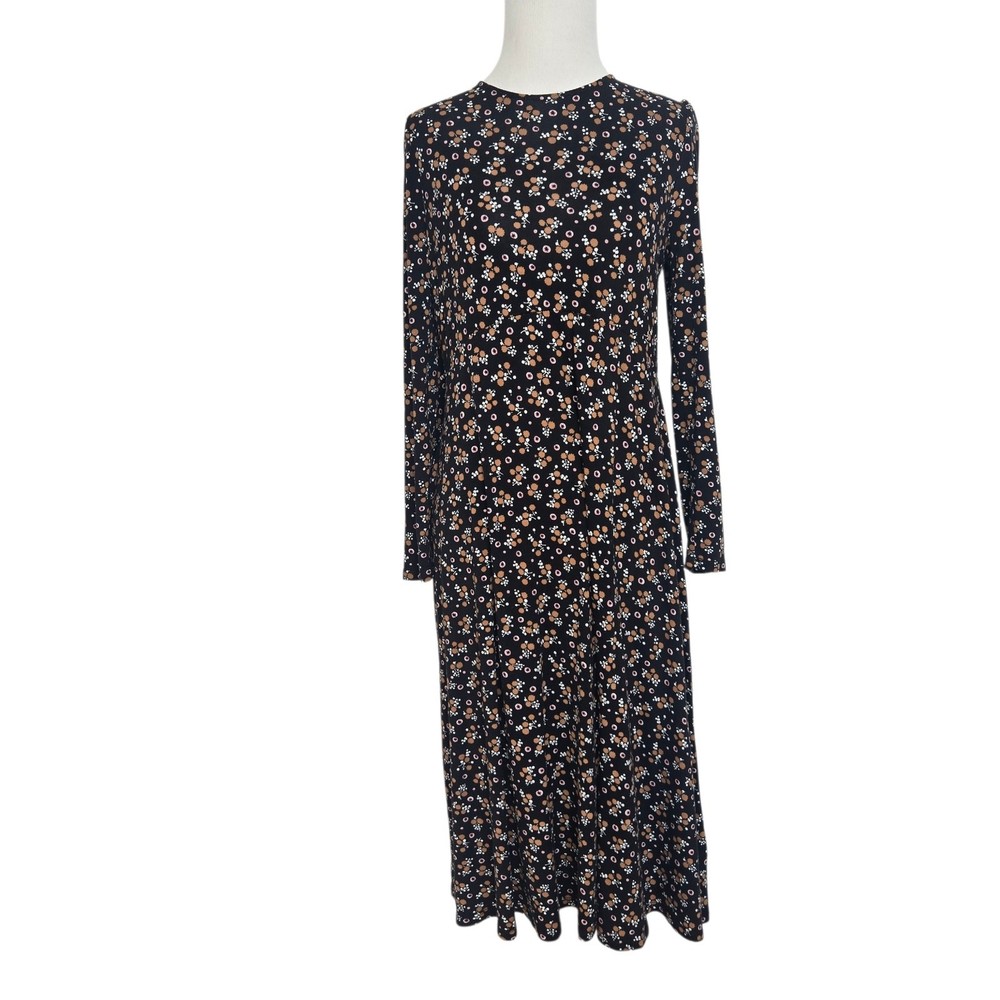 Boden Crew Neck Jersey Midi Dress Black Floral Stretch Office Fall Women 6P