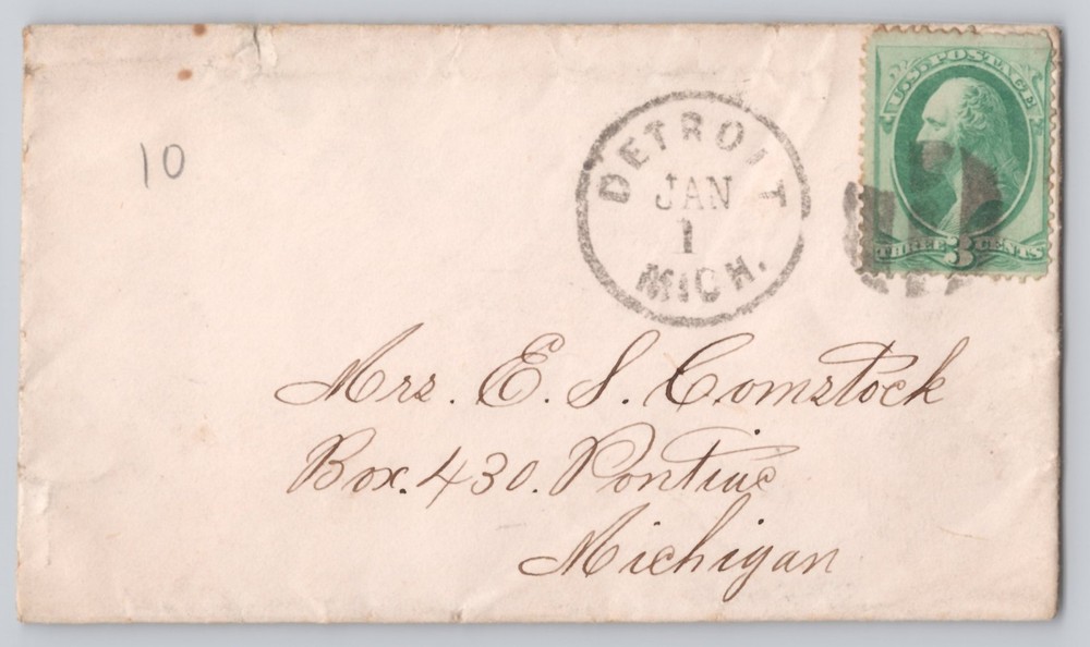 Detroit, Michigan 1c Franklin green on addressed envelope, monogram, Jan 1 cds