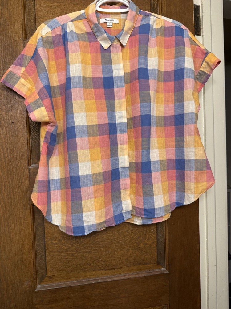 Madewell Plaid Multicolor Short Sleeve Button-Up Shirt Collared Cotton Size M