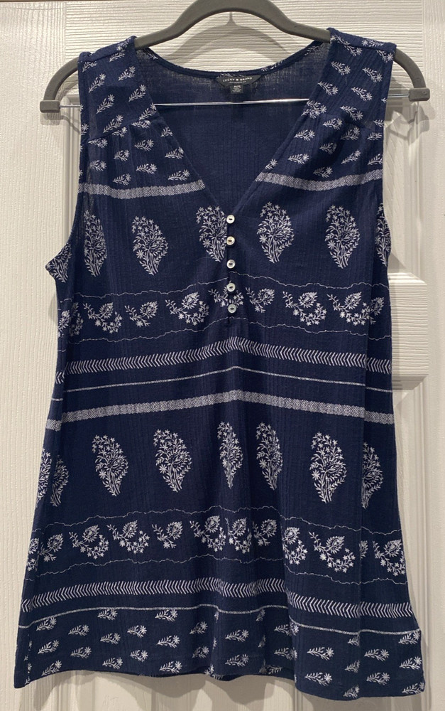 Womens Lucky Brand Navy White Paisley Knit Ribbed Sleeveless Top Button Front Md