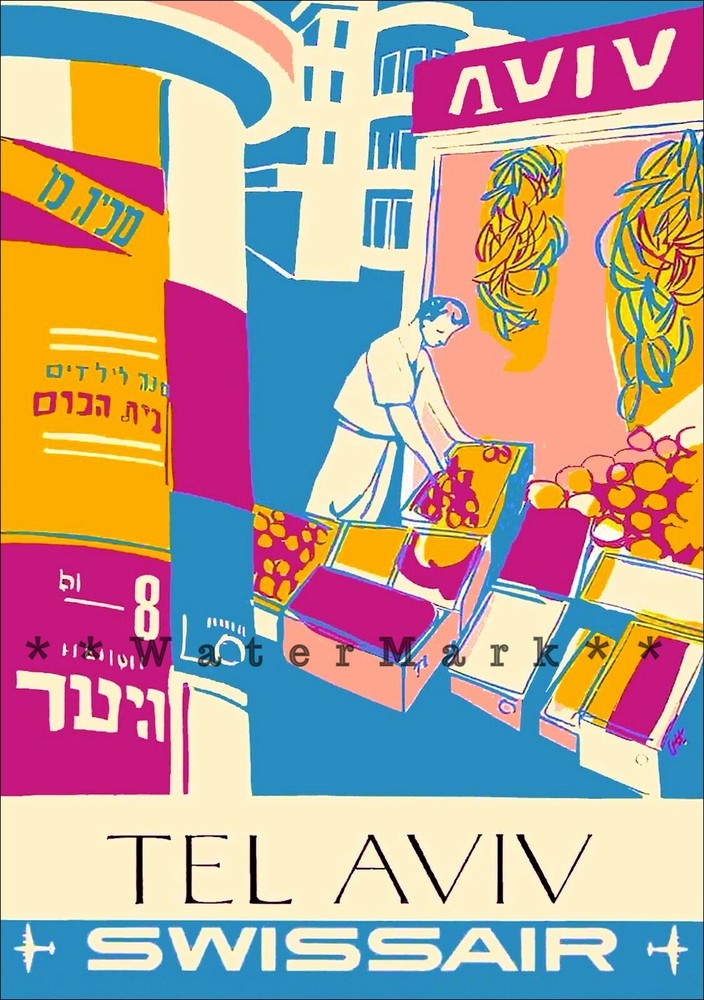 Tel Aviv Israel 1951 Swiss Airline Vintage Poster Print Retro Style Art