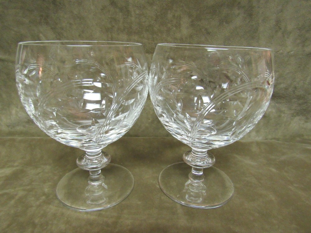Vintage Webb Corbett Crystal Hand Blown Wafer Stem Cut Wheat Design Goblet Pair