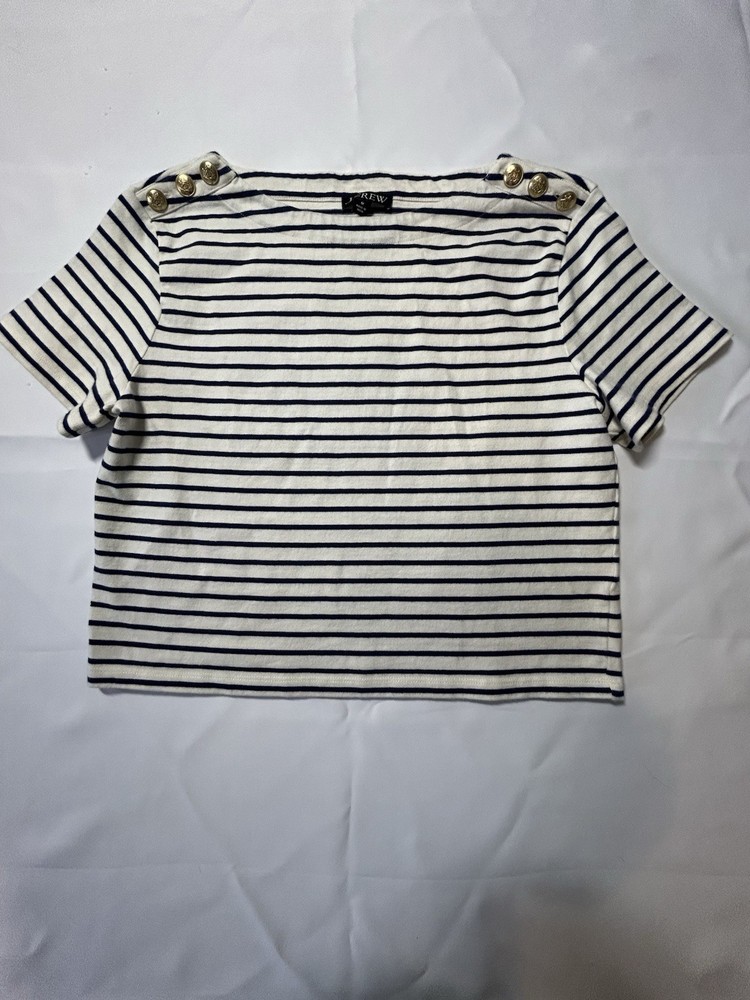 J.CREW Striped White Navy Cotton Knit Button Shoulder Short Sleeve T-Shirt M
