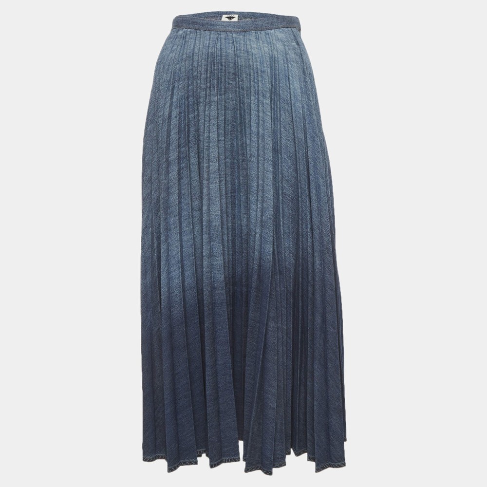 Christian Dior Blue TieDye Denim Pleated Midi Skirt L
