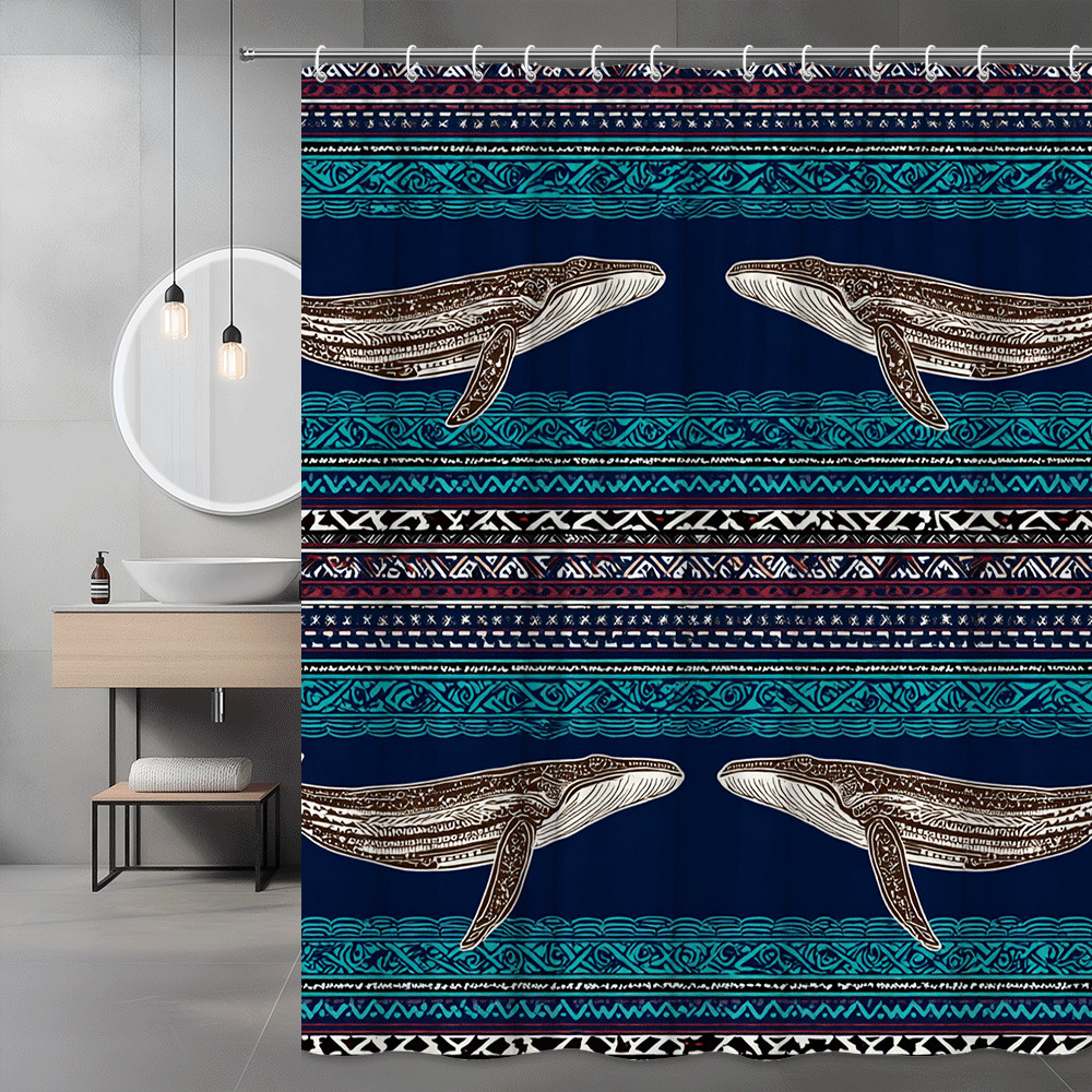 Whale Shower Curtain Navy Blue Tribal Stripe Print