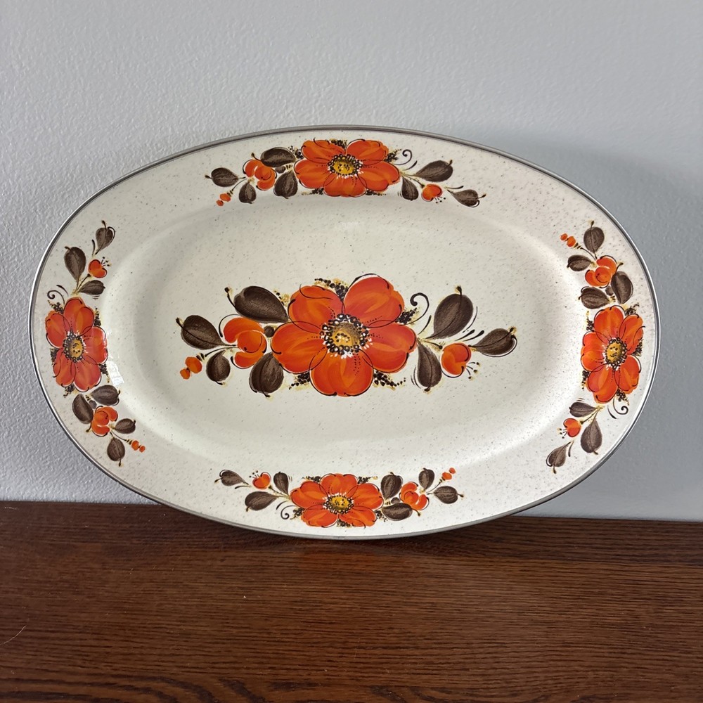 Show Pans Sanko Ware Orange Poppies 18” Large Oval Platter 1970s Japan