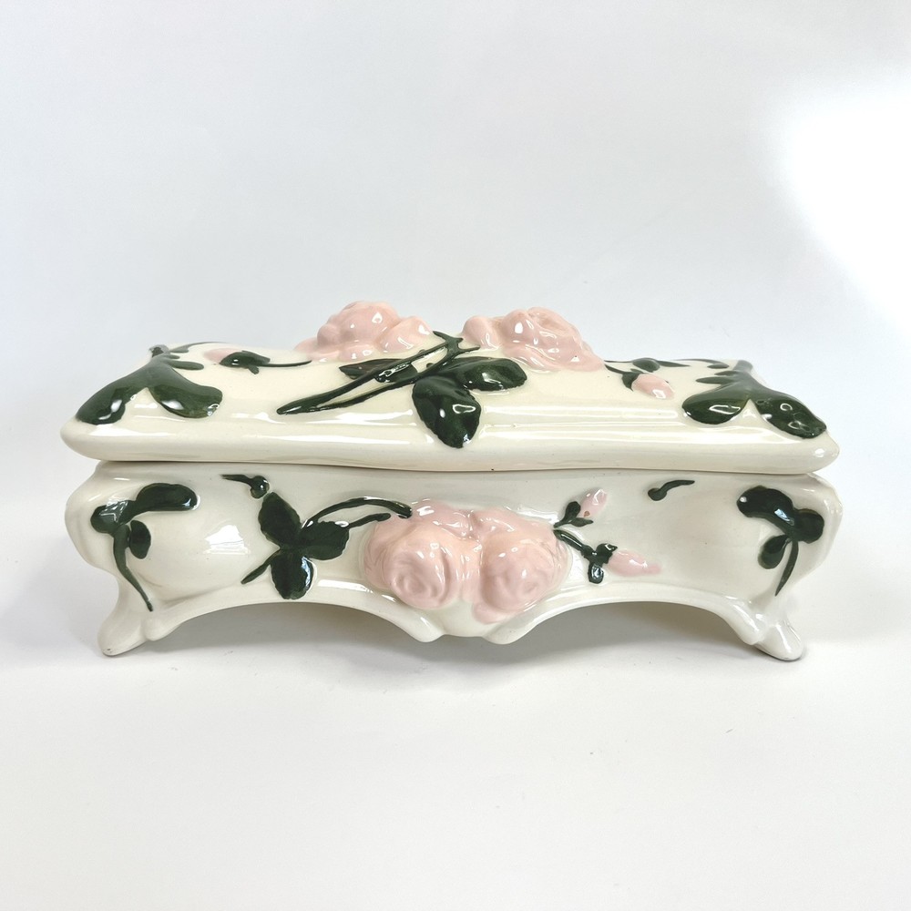 Vintage Porcelain Rose Jewelry Trinket Holder with 4 Legs and Felt Feet 8x3