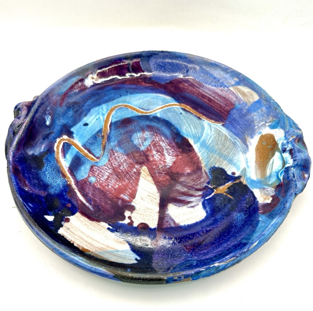 Handmade Studio Art Pottery Plate with Handles, Abstract Design, Blue Rust Glaze-image