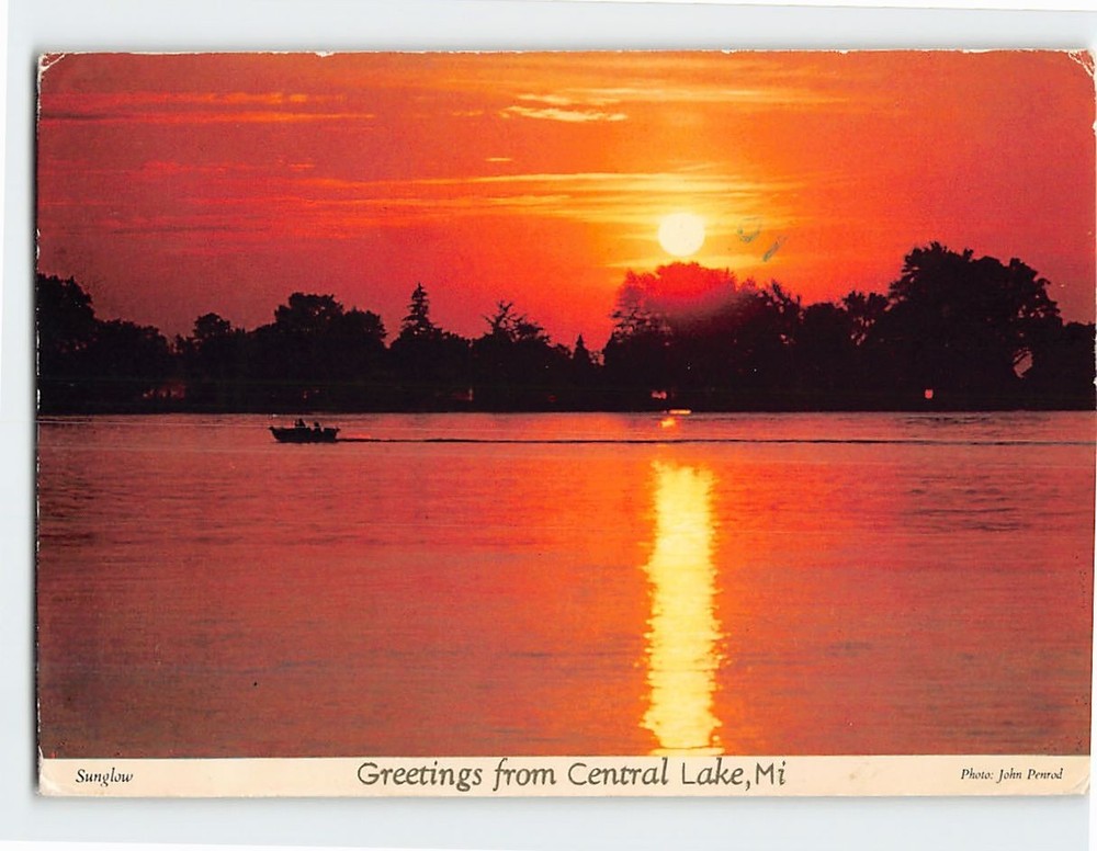 Postcard Sunset Scene Greetings from Central Lake Michigan USA
