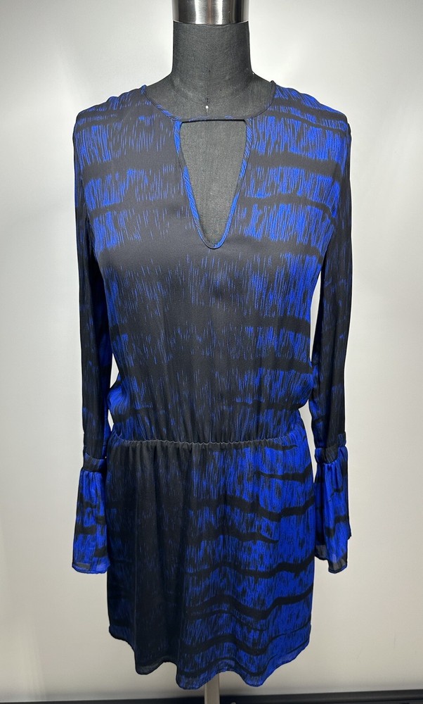PARKER Women’s Blue 100% Silk Keyhole Neckline Bell Sleeve  Mini Dress Size XS