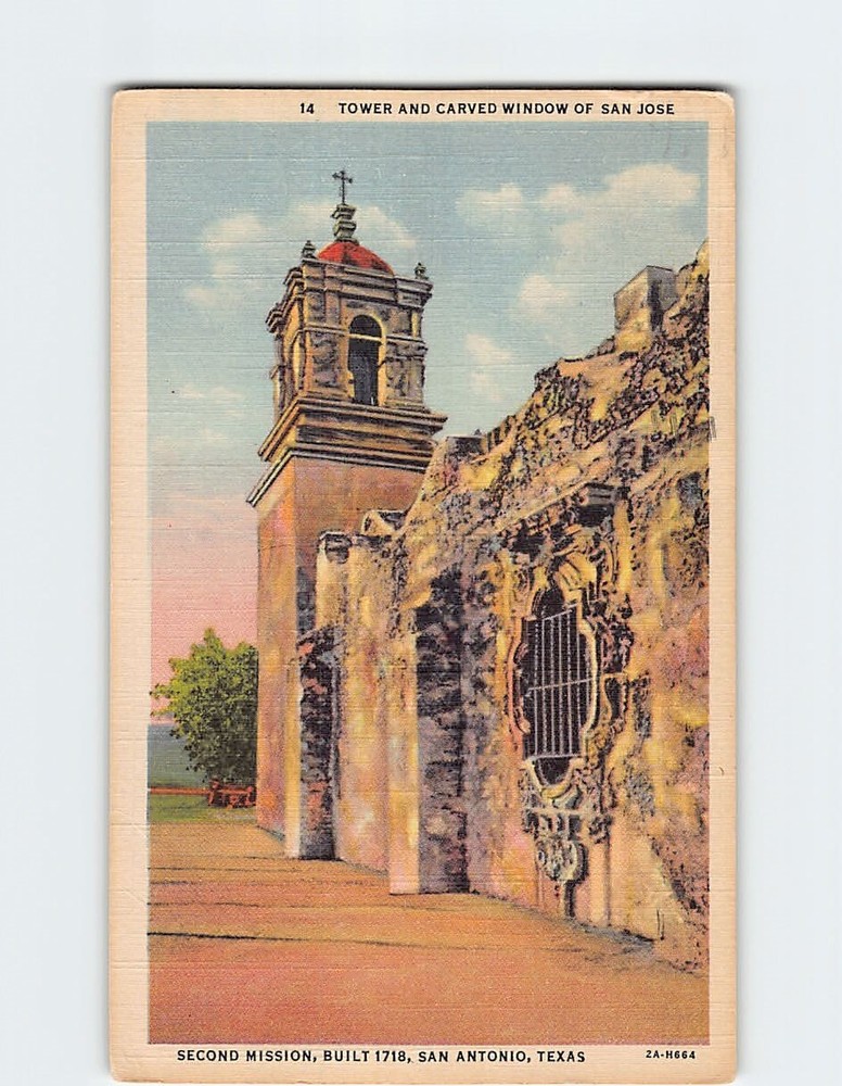 Postcard Tower and Carved Window of San Jose Second Mission San Antonio Texas