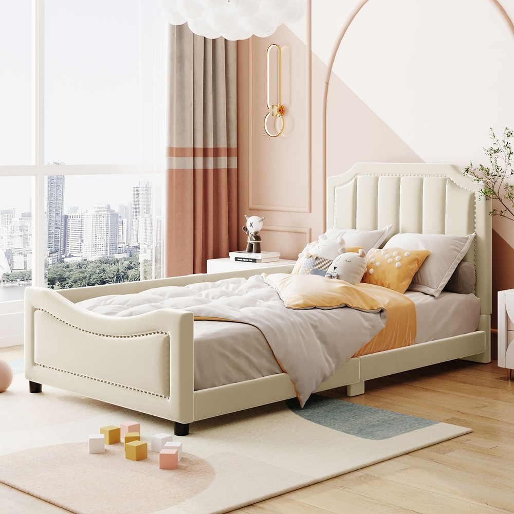 Twin Upholstered Daybed with Classic Stripe Headboard in Beige