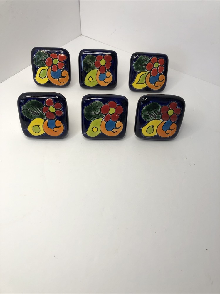Talavera Ceramic Square Drawer Pull Mexican Folk Art Home Decor Set of 6, Blue
