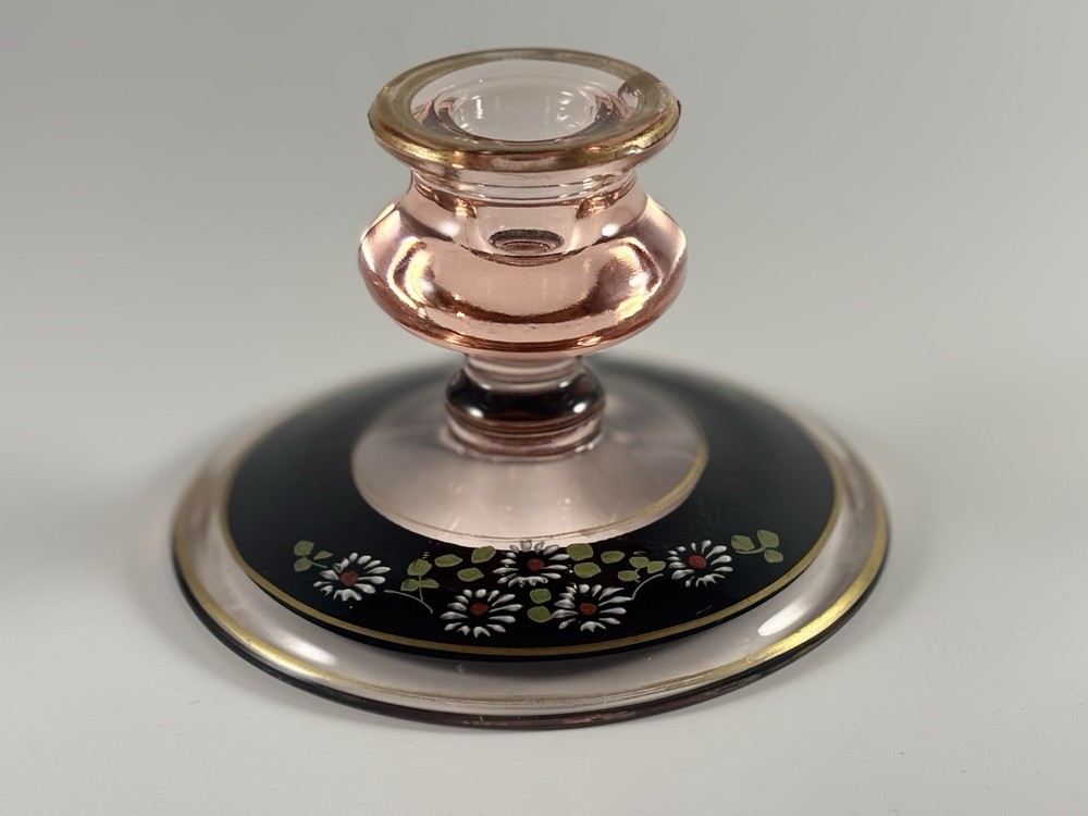 ANTIQUE PINK HAND PAINTED DEPRESSION GLASS CANDLE HOLDER